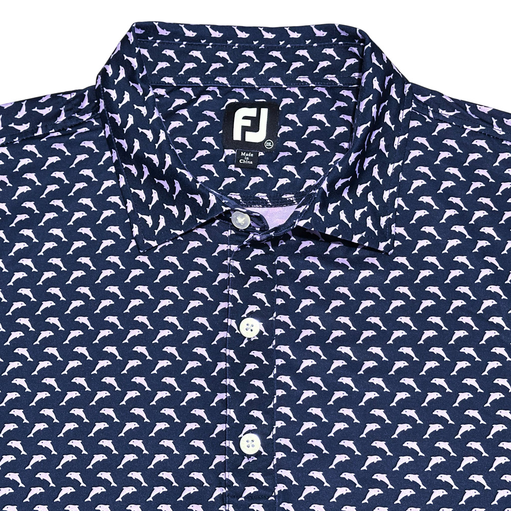 FootJoy Golf Polo Shirt Men 2XL Navy Dolphin Print AOP Office Travel *Iron Horse